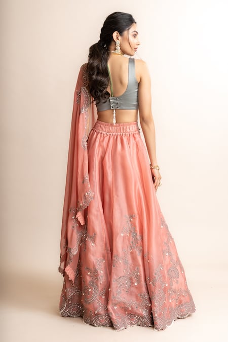 Shop_Nupur Kanoi_Pink Organza, Georgette, Satin Studs, Hand Embroidered Lehenga Saree With Blouse _at_Aza_Fashions