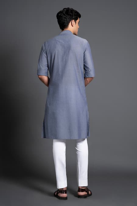 Shop Raghavendra Rathore Jodhpur Blue Cotton Embroidery Placket Kurta at Aza Fashions Shop_Raghavendra Rathore Jodhpur_Blue Cotton Embroidery Placket Kurta _at_Aza_Fashions
