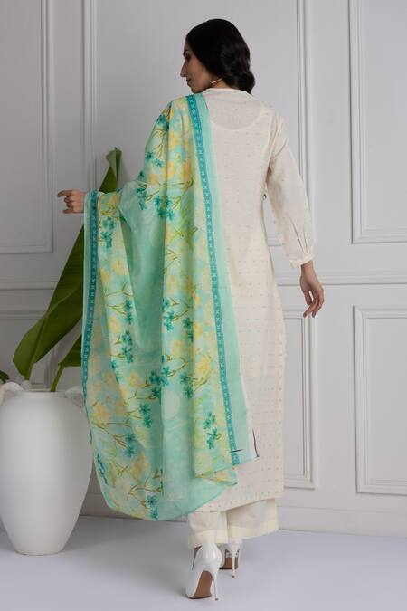 Shop House Of TA-YA Off White Cotton, Chanderi V-neck Geometric Woven Kurta Set With Dupatta at Aza Fashions Shop_House Of TA-YA_Off White Cotton, Chanderi V-neck Geometric Woven Kurta Set With Dupatta _at_Aza_Fashions