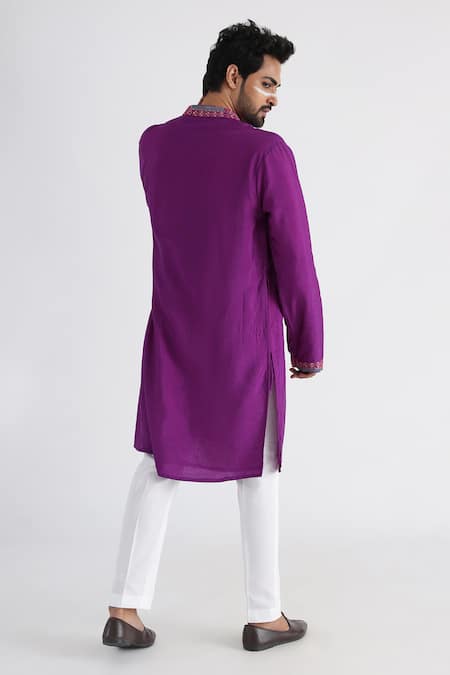 Shop Smriti By Anju Agarwal Purple Bamboo, Cotton Embroidery Emir Placket Kurta Set at Aza Fashions Shop_Smriti By Anju Agarwal_Purple Bamboo, Cotton Embroidery Emir Placket Kurta Set _at_Aza_Fashions