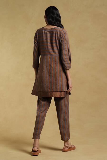 Shop Ritu Kumar Brown Yarn Dyed Cotton-earthy Striped Round Kurta And Pant Set at Aza Fashions Shop_Ritu Kumar_Brown Yarn Dyed Cotton-earthy Striped Round Kurta And Pant Set_at_Aza_Fashions