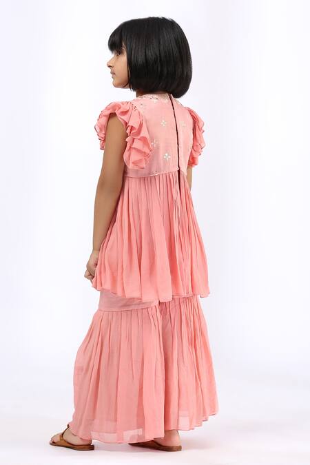 Shop_Neha Gursahani_Peach Satin, Georgette Embroidery Embellished Peplum Kurta And Gharara Set _at_Aza_Fashions