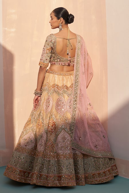 Shop_Angad Singh_Gold Organza Sequins, Embroidery, Zari Boat Neck Zardozi Bridal Lehenga Set _at_Aza_Fashions