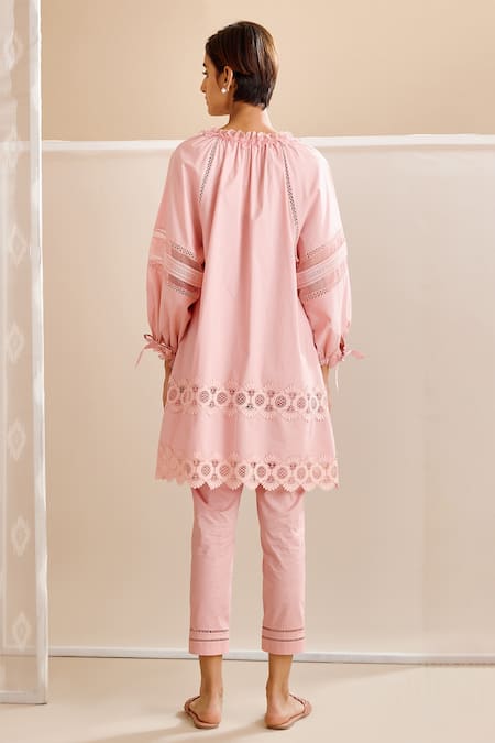 Shop Bunka Pink Cotton Embellished Crochet Lace Work Nysa A-line Tunic And Pant Set at Aza Fashions Shop_Bunka_Pink Cotton Embellished Crochet Lace Work Nysa A-line Tunic And Pant Set _at_Aza_Fashions