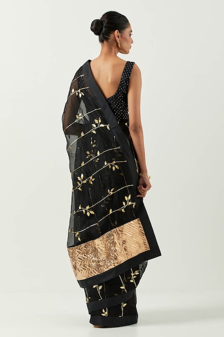 Shop Label Earthen Black Organza, Silk Foil Printing Surma Sona Patti Printed Saree With Blouse at Aza Fashions Shop_Label Earthen_Black Organza, Silk Foil Printing Surma Sona Patti Printed Saree With Blouse _at_Aza_Fashions