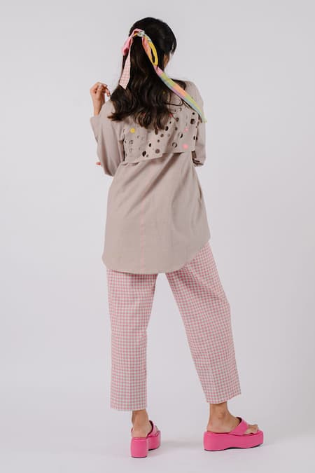 Shop Tussah By Siddhi Shah Grey Cotton Embroidery, Cut Work Round Neck Flap Shirt With Checkered Pant at Aza Fashions Shop_Tussah By Siddhi Shah_Grey Cotton Embroidery, Cut Work Round Neck Flap Shirt With Checkered Pant _at_Aza_Fashions