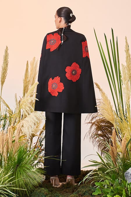 Shop Shahin Mannan Black Double Crepe Poppy Notched Collar Long Cape at Aza Fashions Shop_Shahin Mannan_Black Double Crepe Poppy Notched Collar Long Cape _at_Aza_Fashions