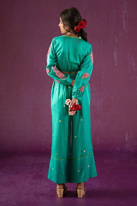 Kacha Tanka Rose Pattern Front Knot Top & Palazzo Set 