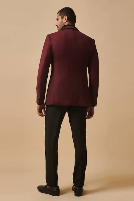 Shop_Philocaly_Wine Wool Embroidery Patch Pocket Blazer _at_Aza_Fashions