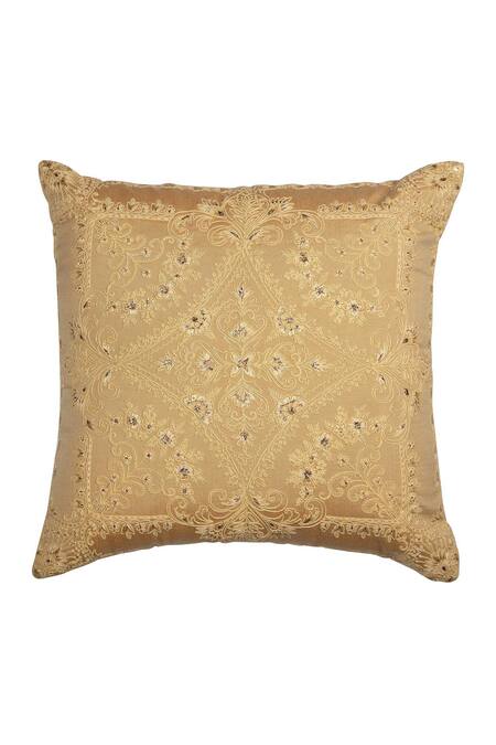 Shop Khaabka Gold Chanderi Silk Embroidery Ornamental Cushion Cover - Set Of 2 at Aza Fashions Shop_Khaabka_Gold Chanderi Silk Embroidery Ornamental Cushion Cover - Set Of 2_at_Aza_Fashions