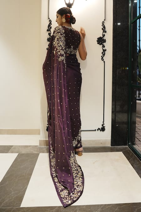 Shop Gul By Aishwarya Wine Upada Silk Hand Embroidered Cutdana Square Floral Work Saree And Blouse Set at Aza Fashions Shop_Gul By Aishwarya_Wine Upada Silk Hand Embroidered Cutdana Square Floral Work Saree And Blouse Set _at_Aza_Fashions