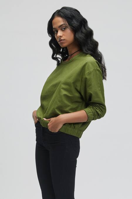 Shop Terra Luna Green 100% Oxford Handloom Cotton Round Solid Sweatshirt at Aza Fashions Shop_Terra Luna_Green 100% Oxford Handloom Cotton Round Solid Sweatshirt_at_Aza_Fashions