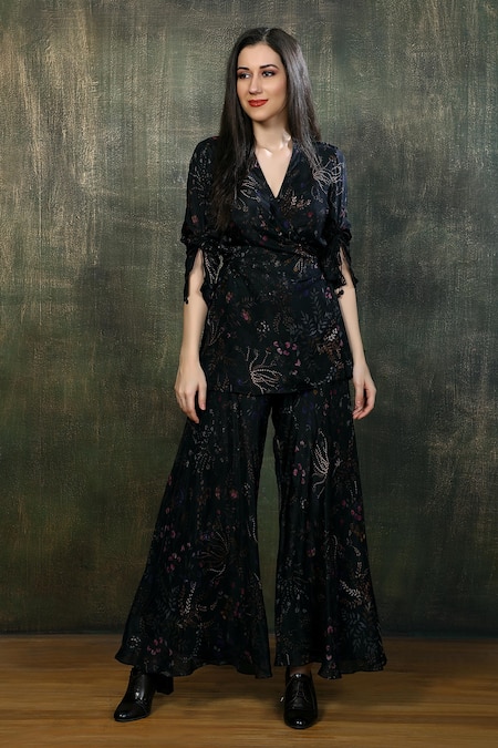 Shop Whimsical By Shica Black Organza, Satin Embroidery V-neck Ditsy Floral Print Top With Flared Pant at Aza Fashions Shop_Whimsical By Shica_Black Organza, Satin Embroidery V-neck Ditsy Floral Print Top With Flared Pant _at_Aza_Fashions
