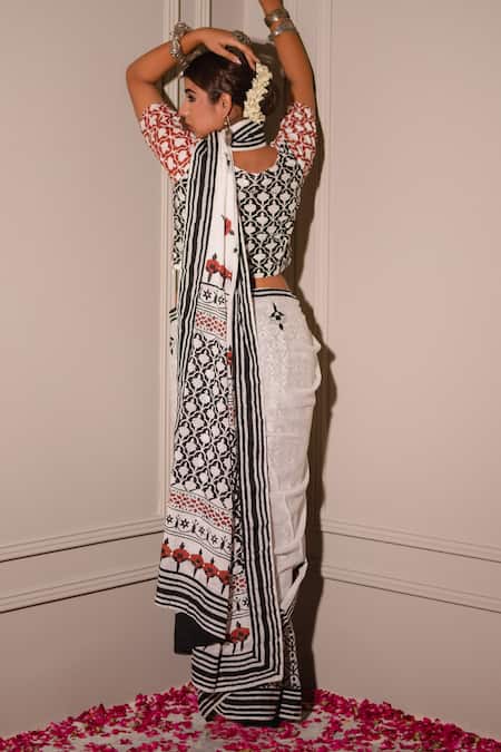 Shop The Home Affair White Chiffon, , Handblock And Print Saree With Blouse at Aza Fashions Shop_The Home Affair_White Chiffon, , Handblock And Print Saree With Blouse _at_Aza_Fashions