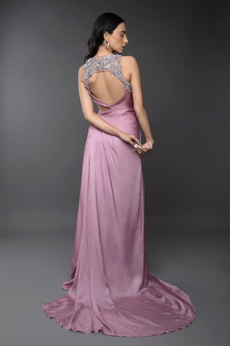 Shop_Anjum Qureshi_Pink Satin Hand Embroidered Sequin V Neck Draped Gown _at_Aza_Fashions