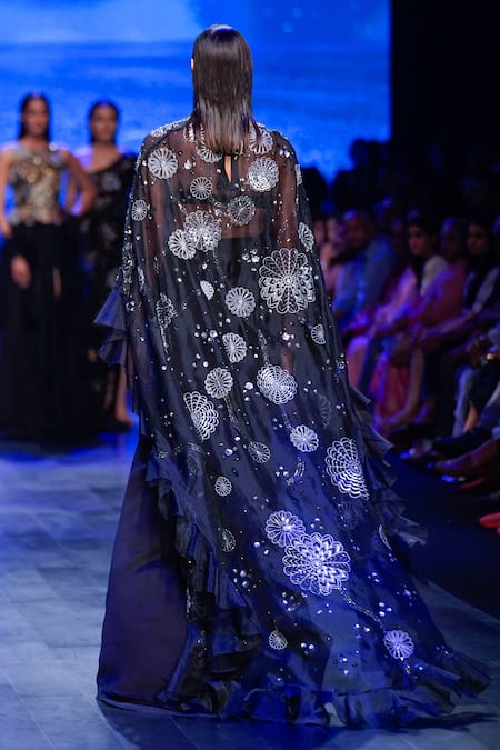 Shop Nachiket Barve Black Georgette, Satin Embroidery Sweetheart Galaxy Cape And Draped Skirt Set at Aza Fashions Shop_Nachiket Barve_Black Georgette, Satin Embroidery Sweetheart Galaxy Cape And Draped Skirt Set _at_Aza_Fashions