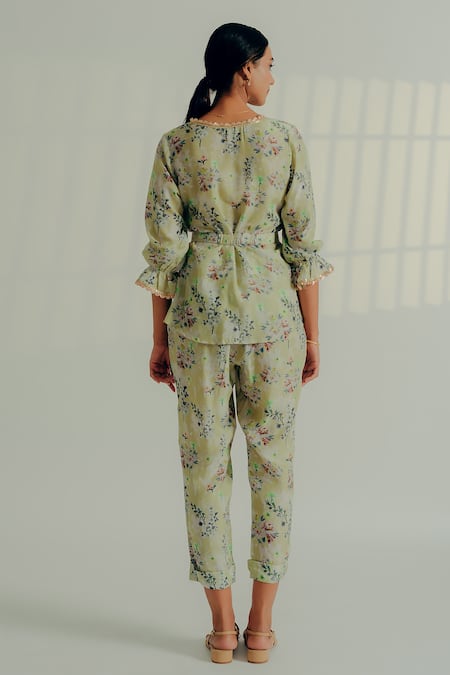 Shop_Aaryaa By Kashveen Kohli_Green Silk Sequins V-neck Floral Spring Top And Pant Set _at_Aza_Fashions