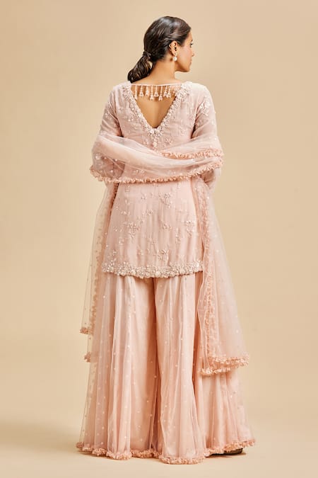 Shop Nitika Gujral Pink Kurta Viscose Georgette Shirt And Sharara & Dupatta Floral Pattern Set at Aza Fashions Shop_Nitika Gujral_Pink Kurta Viscose Georgette Shirt And Sharara & Dupatta Floral Pattern Set _at_Aza_Fashions