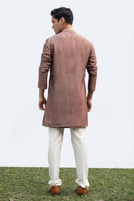 Shop Kaka Calcutta Brown Cotton, Silk Placement Pintucks Pattern Kurta Set at Aza Fashions Shop_Kaka Calcutta_Brown Cotton, Silk Placement Pintucks Pattern Kurta Set _at_Aza_Fashions