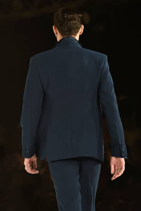 Shop_Rohit Gandhi + Rahul Khanna_Blue Crepe Crystals, Beads Ionic Embroidered Single Breasted Blazer _at_Aza_Fashions