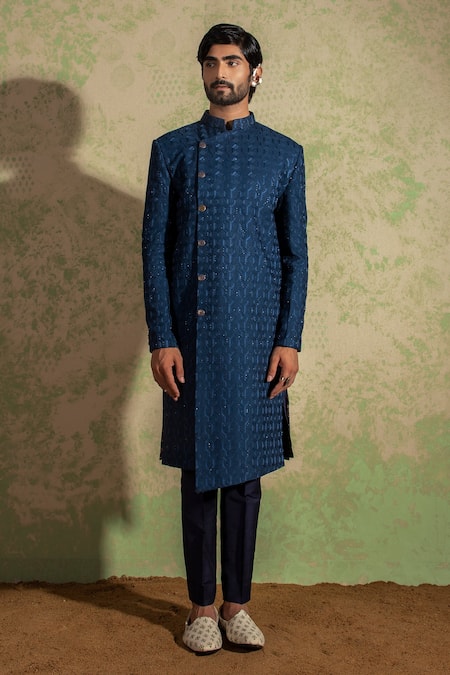 Shop Ankita Shahabadi Blue Silk Thread Hamir Embroidered Achkan at Aza Fashions Shop_Ankita Shahabadi_Blue Silk Thread Hamir Embroidered Achkan _at_Aza_Fashions