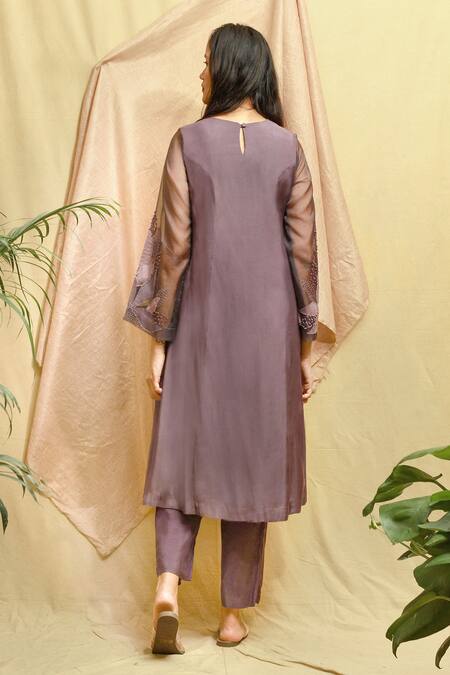 Shop_Chambray & Co._Purple Vegan Silk Embroidered Applique Round Floral Kurta Set _at_Aza_Fashions