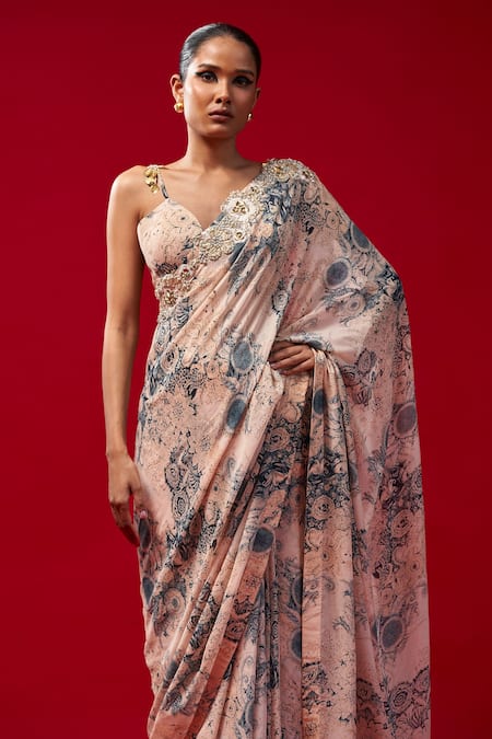 Shop Bhumika Sharma Beige Georgette Tassels, Embroidery, Cut Work Blossom Print Saree With Blouse at Aza Fashions Shop_Bhumika Sharma_Beige Georgette Tassels, Embroidery, Cut Work Blossom Print Saree With Blouse _at_Aza_Fashions