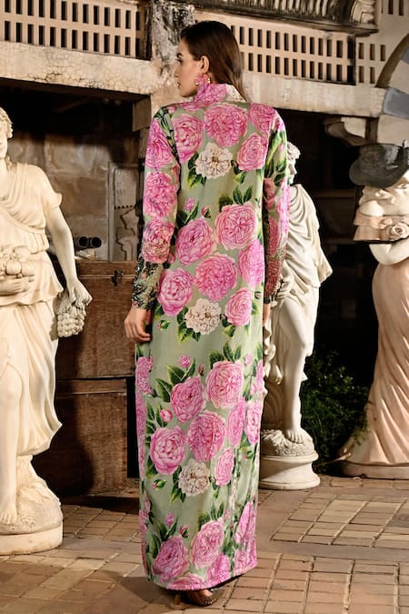 Shop_Sanam_Green Silk, Organza Sequins, Embroidery Mandarin Pauline Floral Jacket Skirt Set _at_Aza_Fashions