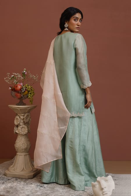 Shop Neha Poddar Blue Organza, Silk Embroidery, Pearls, Sequins Floral Short Kurta Sharara Set at Aza Fashions Shop_Neha Poddar_Blue Organza, Silk Embroidery, Pearls, Sequins Floral Short Kurta Sharara Set _at_Aza_Fashions