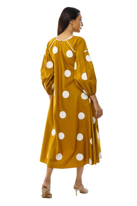 Shop Khat Yellow Cotton Round Neck Polka Dot Pattern Poplin Dress at Aza Fashions Shop_Khat_Yellow Cotton Round Neck Polka Dot Pattern Poplin Dress _at_Aza_Fashions
