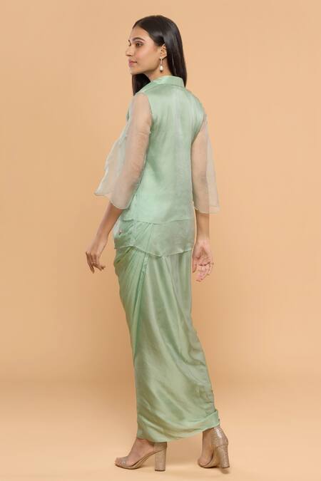 Shop Mayu Kothari Green Organza, Modal, Satin Embroidery Collared Rose Shirt And Wrap Skirt Set at Aza Fashions Shop_Mayu Kothari_Green Organza, Modal, Satin Embroidery Collared Rose Shirt And Wrap Skirt Set_at_Aza_Fashions