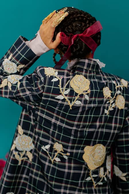 Shop LATHA PUTTANNA Blue Karnataka Silk Embroidered Checkered Notched Woven And Jacket at Aza Fashions Shop_LATHA PUTTANNA_Blue Karnataka Silk Embroidered Checkered Notched Woven And Jacket _at_Aza_Fashions