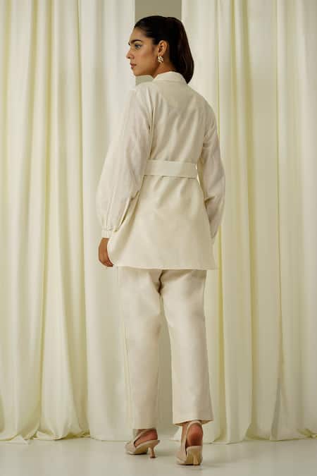 Shop Sakshi Khetterpal Ivory Chanderi Pearls, Beads, Embroidery, Lace Lapel Double Breasted Blazer Set at Aza Fashions Shop_Sakshi Khetterpal_Ivory Chanderi Pearls, Beads, Embroidery, Lace Lapel Double Breasted Blazer Set _at_Aza_Fashions