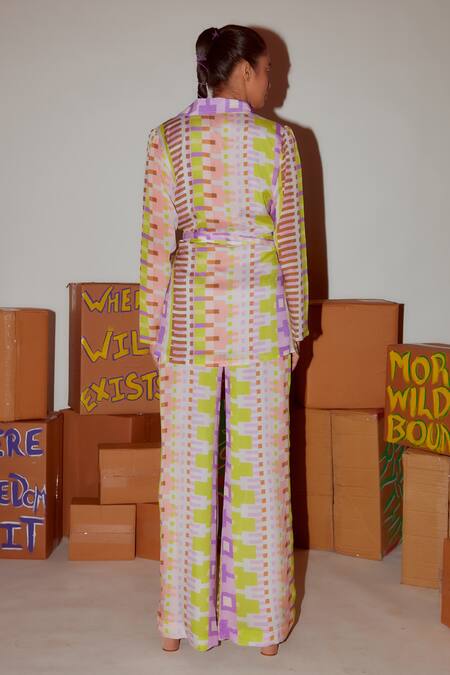 Shop_Nirmooha_Multi Color Chiffon Printed Geometric V Neck Top And Pant Set _at_Aza_Fashions