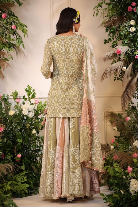 Shop Bairaas Green Mulmul Print Khari Round Neck Kurta Sharara Set at Aza Fashions Shop_Bairaas_Green Mulmul Print Khari Round Neck Kurta Sharara Set_at_Aza_Fashions