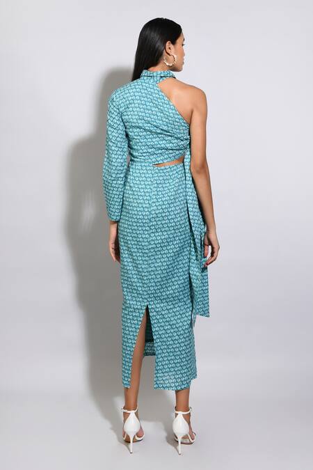 Shop Itara Blue Cotton Floral Print Asymmetric Pattern Dress at Aza Fashions Shop_Itara_Blue Cotton Floral Print Asymmetric Pattern Dress_at_Aza_Fashions