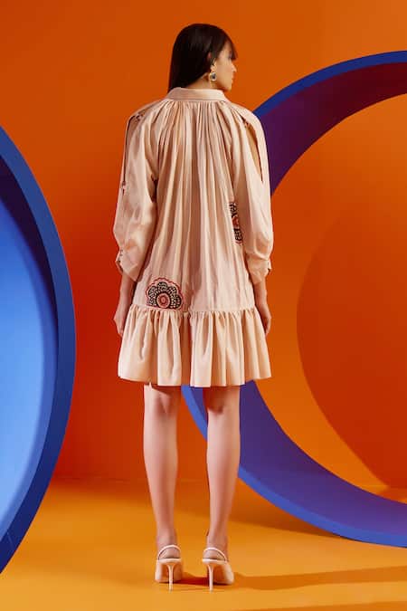 Shop The Dramebaaz CO Ivory Cotton Embroidery Collared Pleated Shirt Dress at Aza Fashions Shop_The Dramebaaz CO_Ivory Cotton Embroidery Collared Pleated Shirt Dress _at_Aza_Fashions