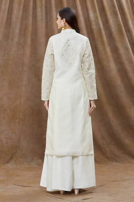 Shop Aiman Ivory Chanderi Embroidery, Gota Patti, Cut Work, Tassels Kurta Palazzo Set at Aza Fashions Shop_Aiman_Ivory Chanderi Embroidery, Gota Patti, Cut Work, Tassels Kurta Palazzo Set_at_Aza_Fashions