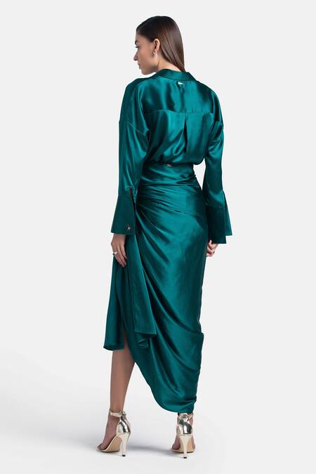 Shop 431-88 By Shweta Kapur Green Silk Satin Stones Collared Star Luxe Button Down Shirt at Aza Fashions Shop_431-88 By Shweta Kapur_Green Silk Satin Stones Collared Star Luxe Button Down Shirt_at_Aza_Fashions