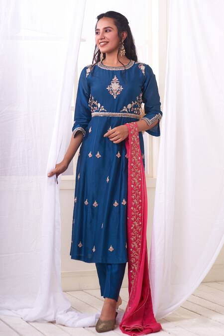 Shop Geetika Jain Blue Chanderi, Silk Organza Diamonds, Embroidery Hand A-line Kurta Pant Set at Aza Fashions Shop_Geetika Jain_Blue Chanderi, Silk Organza Diamonds, Embroidery Hand A-line Kurta Pant Set_at_Aza_Fashions