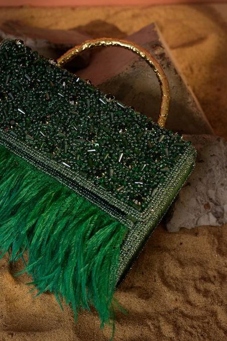 Shop Be Chic Green Crystals, Feathers Fiery Bead Embellished Box Clutch at Aza Fashions Shop_Be Chic_Green Crystals, Feathers Fiery Bead Embellished Box Clutch _at_Aza_Fashions
