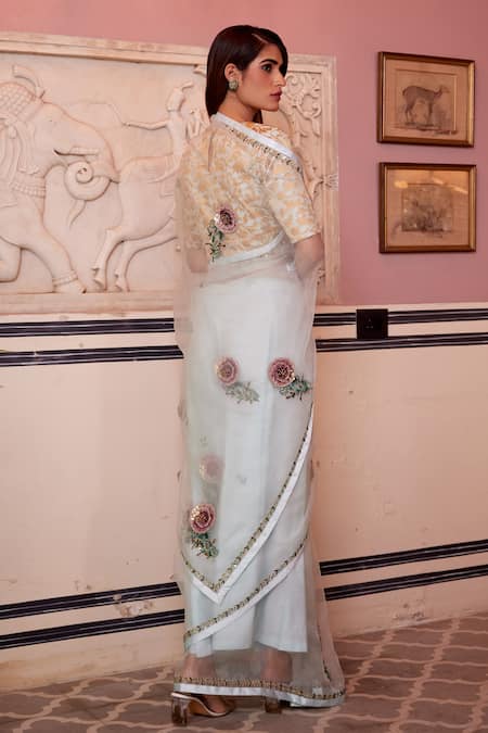 Shop_Atelier Shikaarbagh_White Silk Organza, Brocade Sequins Leaf Border Embroidered Saree _at_Aza_Fashions
