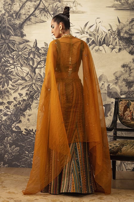 Shop Kalista Yellow Viscose, Silk Embroidery Open Neck Noor Sheer Cape And Sharara Set at Aza Fashions Shop_Kalista_Yellow Viscose, Silk Embroidery Open Neck Noor Sheer Cape And Sharara Set _at_Aza_Fashions