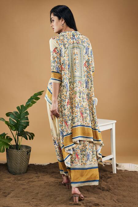 Shop Soup By Sougat Paul Yellow Cotton, Silk Embroidery Bird And Tile Print High-low Shirt With Pant at Aza Fashions Shop_Soup By Sougat Paul_Yellow Cotton, Silk Embroidery Bird And Tile Print High-low Shirt With Pant _at_Aza_Fashions