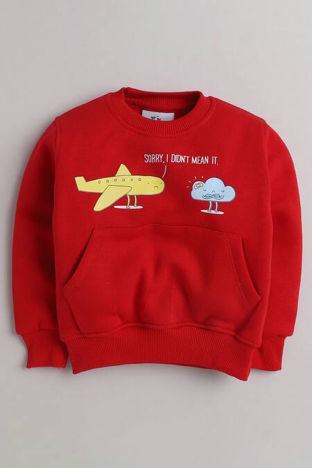 Shop Knitting Doodles Red Fleece Printed Cloud And Aeroplane Top & Joggers Set at Aza Fashions Shop_Knitting Doodles_Red Fleece Printed Cloud And Aeroplane Top & Joggers Set_at_Aza_Fashions