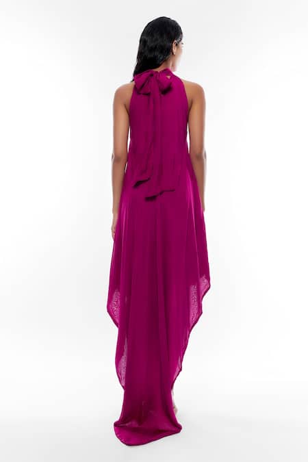 Shop Deme By Gabriella Pink Chiffon Embroidery Halter Neck Asymmetric Hem Gown at Aza Fashions Shop_Deme By Gabriella_Pink Chiffon Embroidery Halter Neck Asymmetric Hem Gown _at_Aza_Fashions