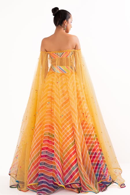 Shop_Cedar & Pine_Multi Color Organza, Tulle Beads Sweetheart Bohemian Striped Pattern Lehenga Set _at_Aza_Fashions