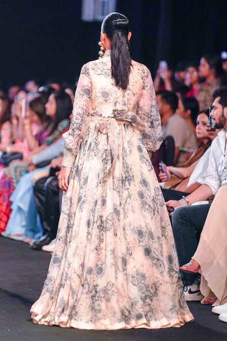 Shop Bhumika Sharma Beige Organza Embroidery Bandeau Neck Blossom Print Bow Gown at Aza Fashions Shop_Bhumika Sharma_Beige Organza Embroidery Bandeau Neck Blossom Print Bow Gown _at_Aza_Fashions