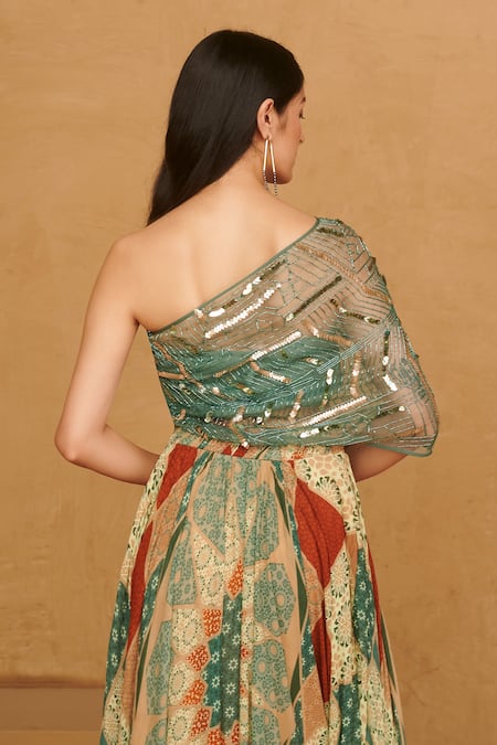 Shop Studio Radical Green Crepe, Georgette, Organza Beads One Shoulder Embellished Top Skirt Set at Aza Fashions Shop_Studio Radical_Green Crepe, Georgette, Organza Beads One Shoulder Embellished Top Skirt Set _at_Aza_Fashions