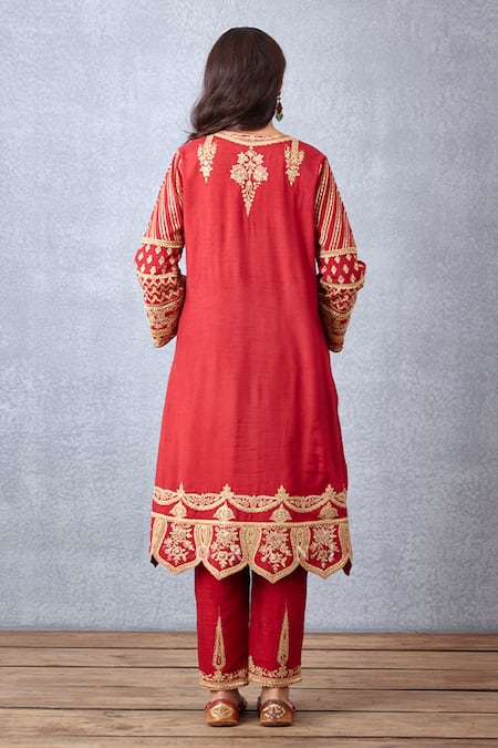 Shop_Torani_Red Silk, Cotton Embroidery Split V-neck Sindoori Kanak Kurta Set _at_Aza_Fashions